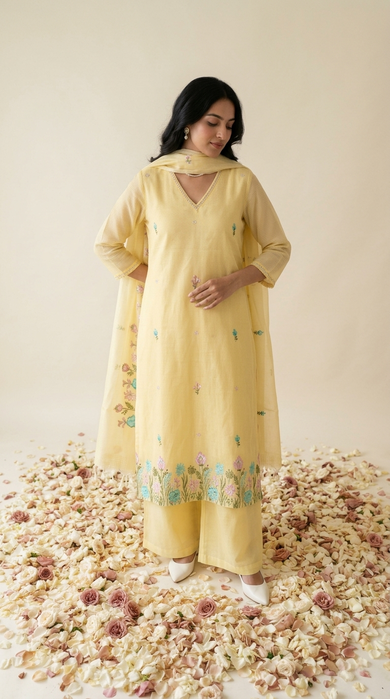 Yellow Kota Doria kurta set with hand embroidery and sheer dupatta