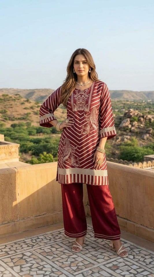 Muslin Striped Co-ord Set - Red