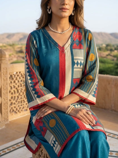 Blue printed Muslin co-ord set with Pakistani-style sleeves and matching wide-leg pants