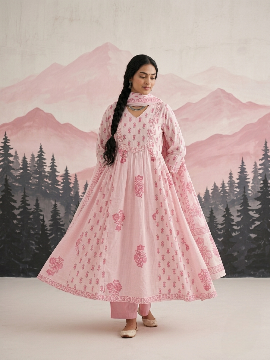 Pink cotton Aline suit set for everyday wear available in size M L XL 2XL 3XL 