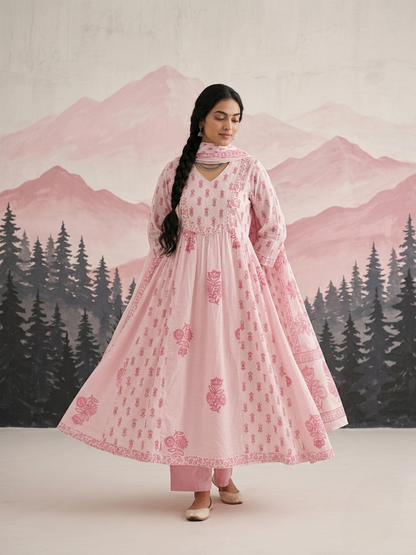 Pink cotton Aline suit set for everyday wear available in size M L XL 2XL 3XL 