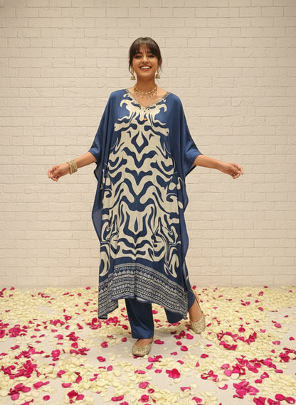 Marbel Muslin Kaftan Set - Navy Blue