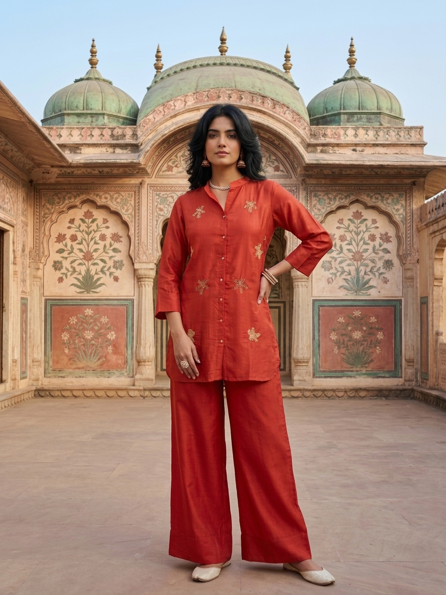 Women wearing Russian Silk Red co-ord set with golden leaf embroidery