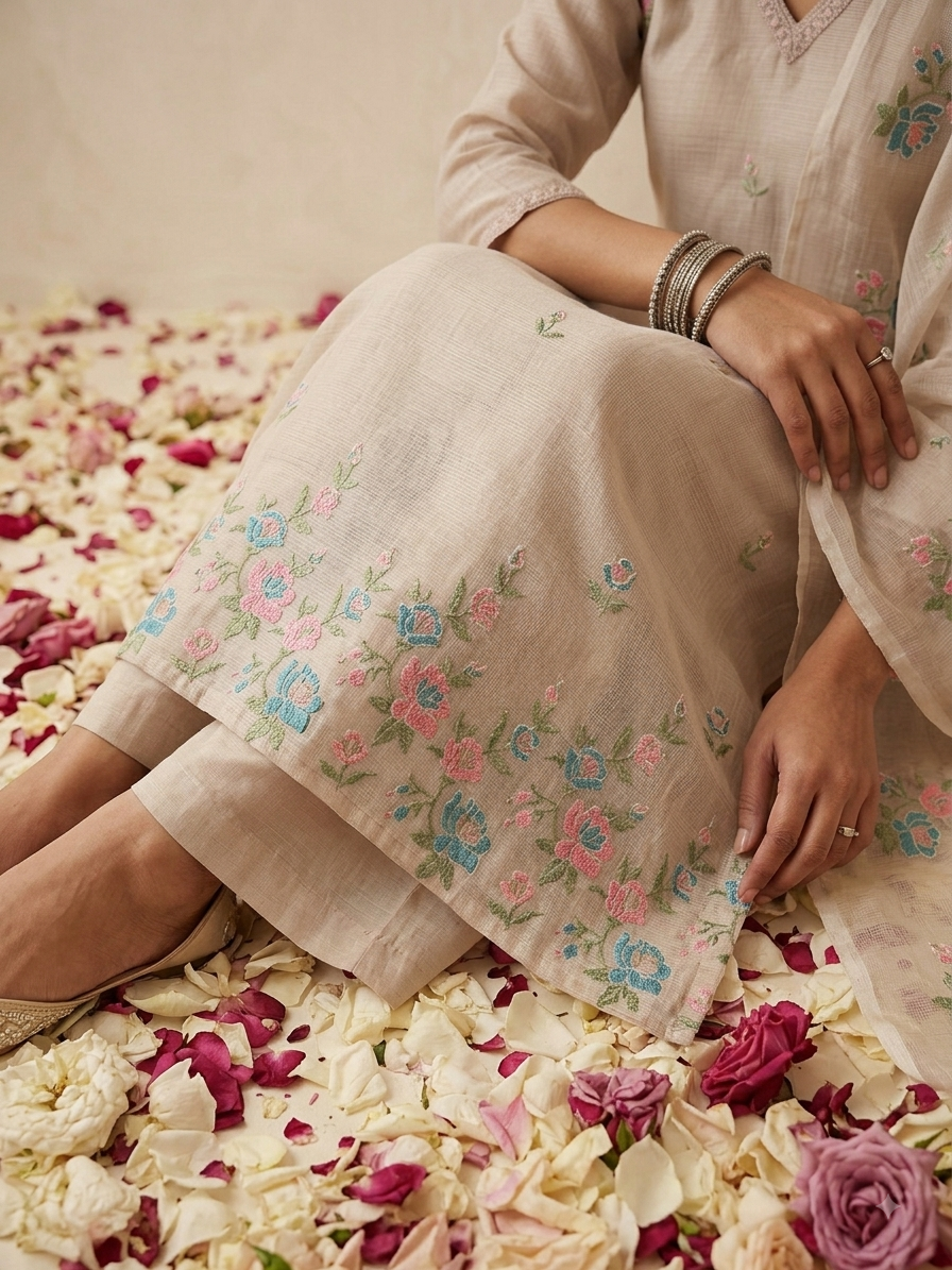 Kota Doria Straight Embroidered Suit - Blush Pink