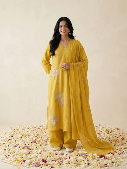 Women's pure cotton embroidered suit set with floral embroidery, cotton mulmul dupatta and matching cotton pants by Fabculture