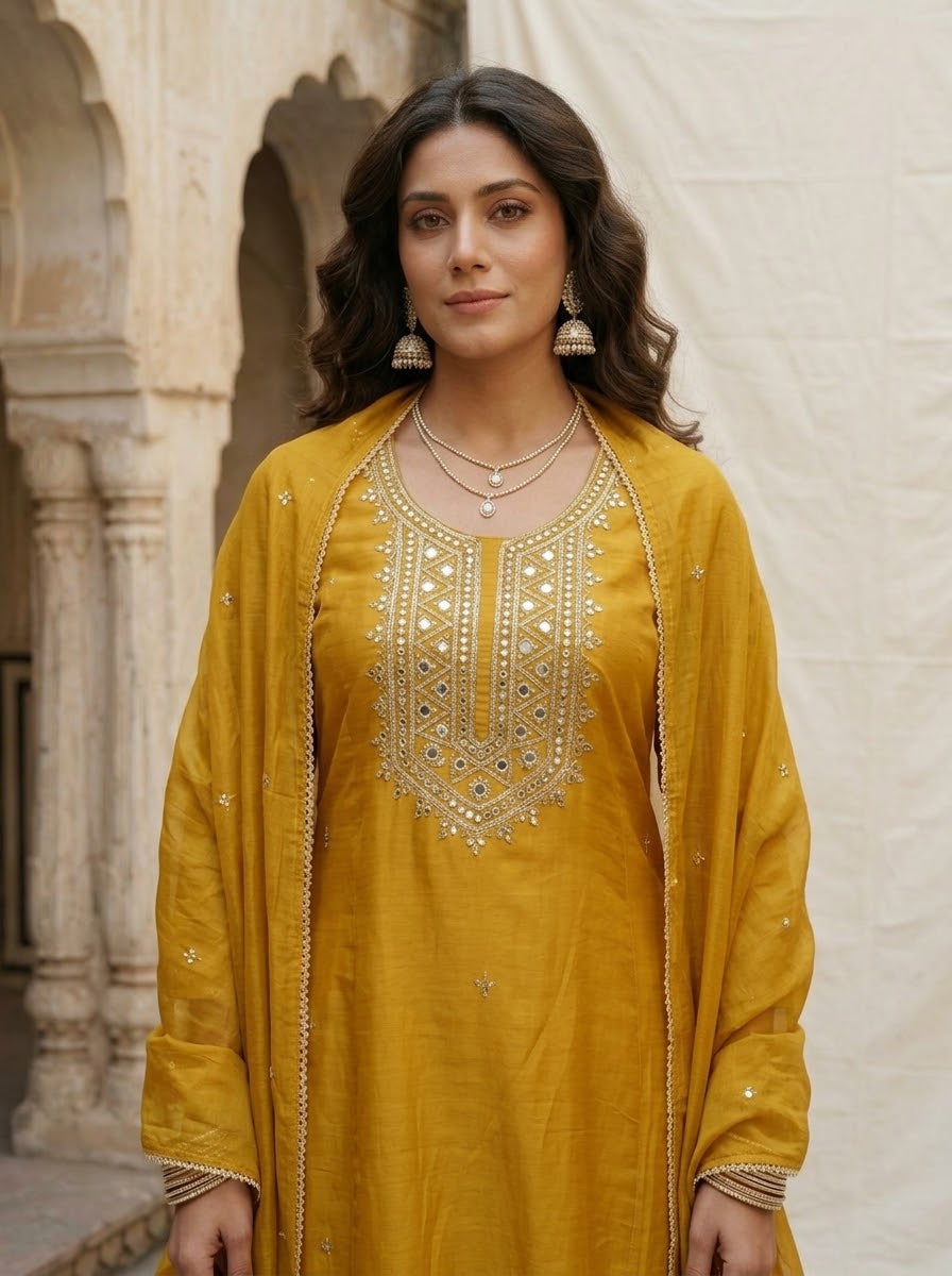 Banarasi Mul Chanderi 3-piece suit set with mirror work A-line kurta, pants and dupatta