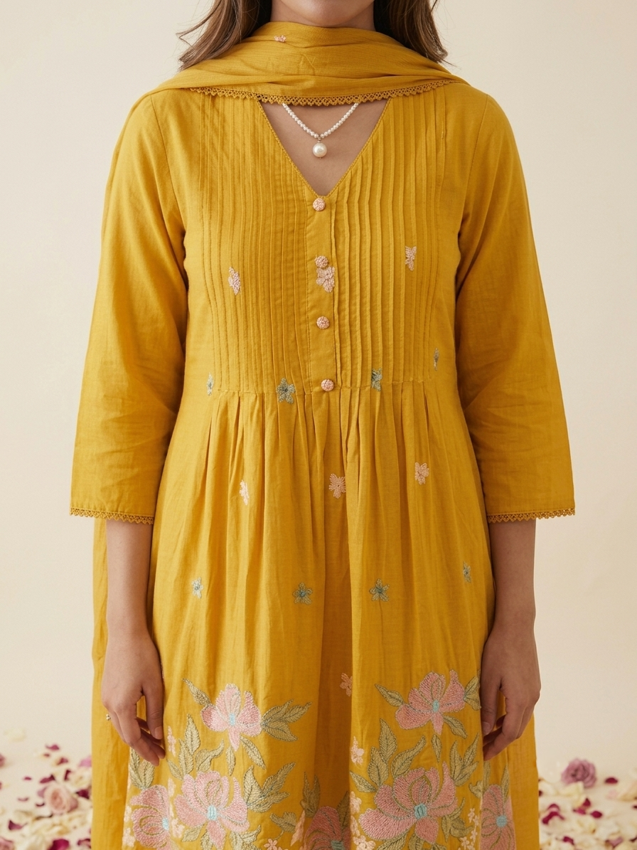 Floral embroidered kurta set with pants and dupatta in mustard, pink and navy blue