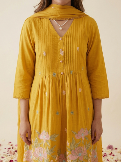 Floral embroidered kurta set with pants and dupatta in mustard, pink and navy blue
