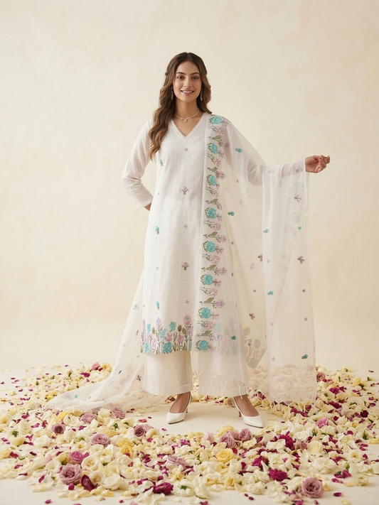 White Kota Doria kurta set with hand embroidery and sheer dupatta