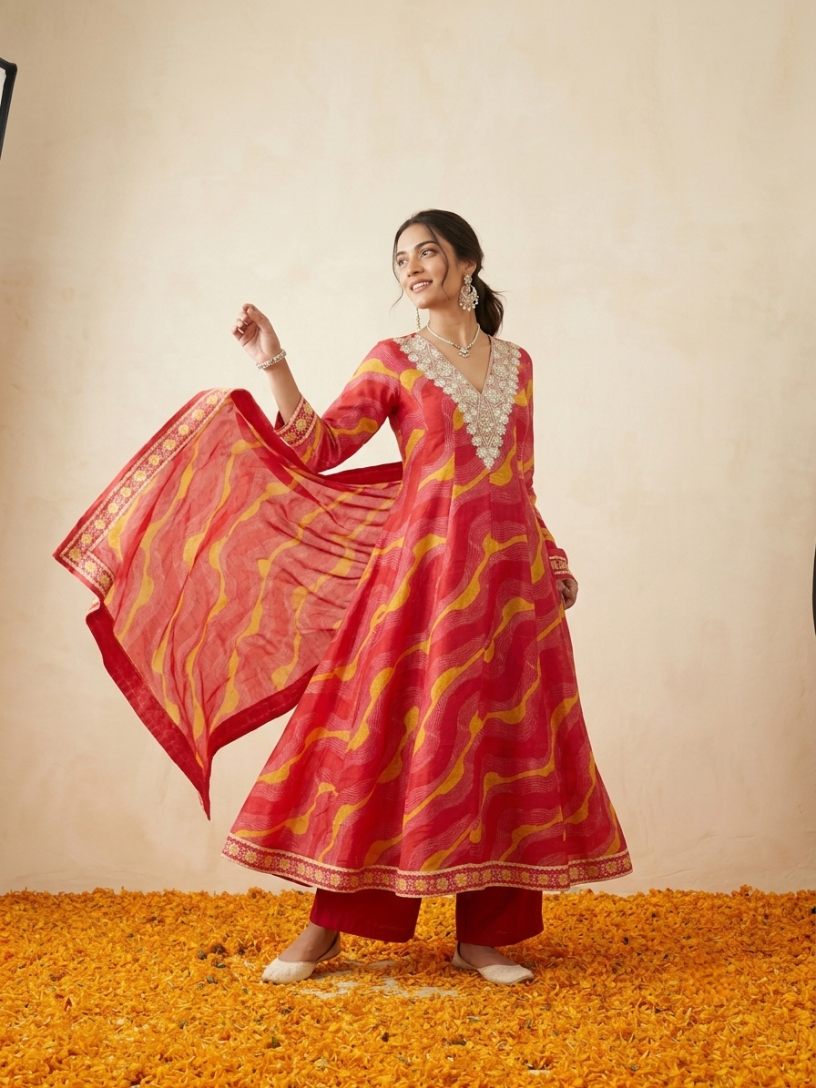 Pure Muslin Leheriya Anarkali Kurta Set - Pink