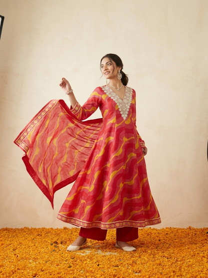 Pure Muslin Leheriya Anarkali Kurta Set - Pink