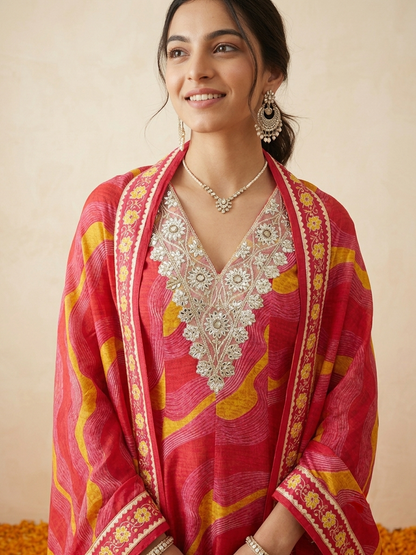 Pure Muslin Leheriya Anarkali Kurta Set - Pink