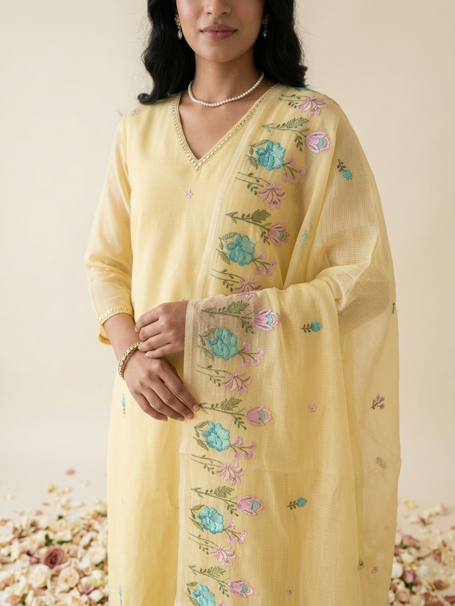 Yellow Kota Doria kurta set with hand embroidery and sheer dupatta