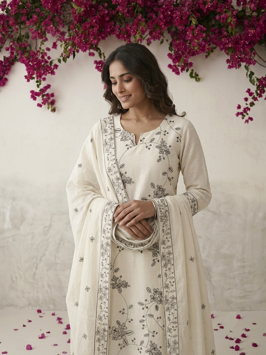 White cotton floral Petal printed kurta set which includes kurta, dupatta and pants 