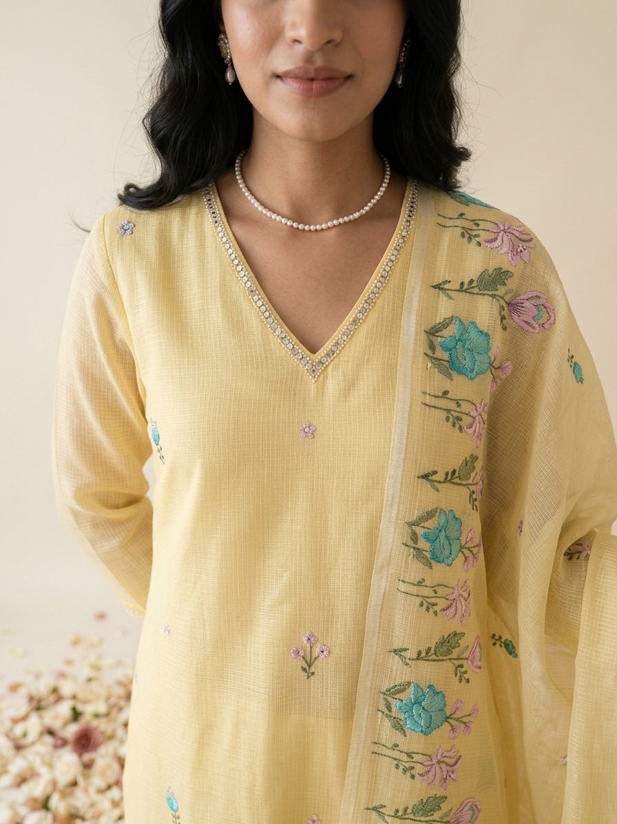 Yellow Kota Doria kurta set with hand embroidery and sheer dupatta