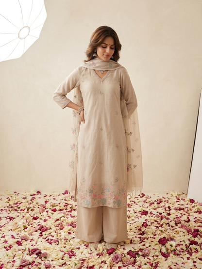 Kota Doria Straight Embroidered Suit - Blush Pink