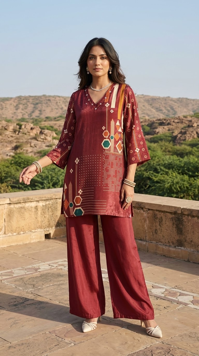 Maroon printed Muslin co-ord set with Pakistani-style flared sleeves and wide-leg pants
