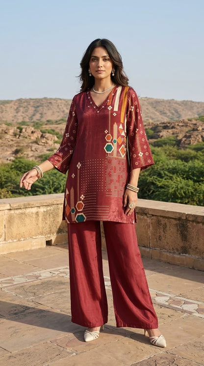 Maroon printed Muslin co-ord set with Pakistani-style flared sleeves and wide-leg pants