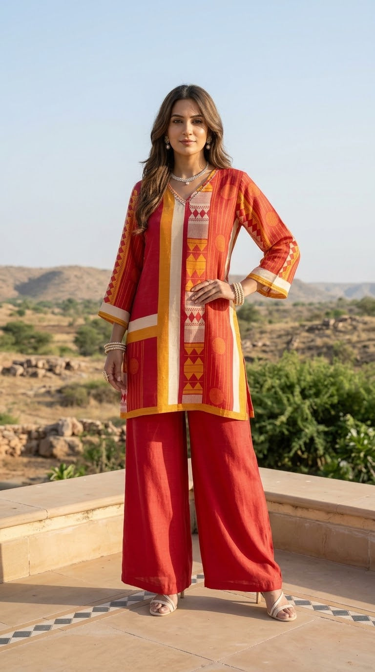 Orange and Red printed Muslin co-ord set with Pakistani-style sleeves and matching wide-leg pants