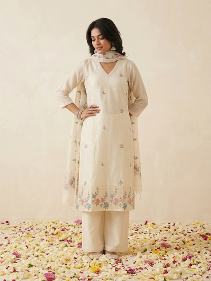 Kota Doria Straight Embroidered Suit - Off White