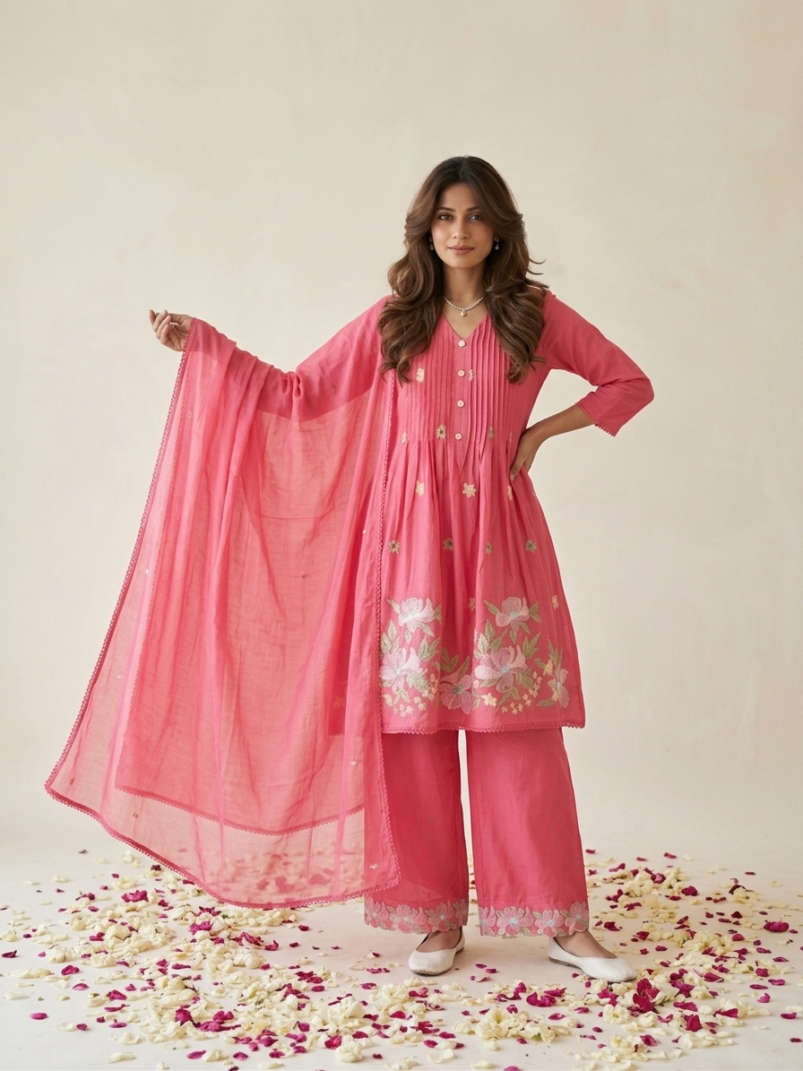 Floral embroidered kurta set with pants and dupatta in mustard, pink and navy blue