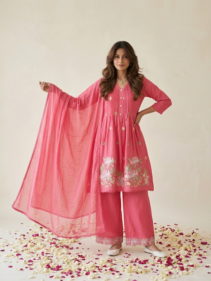 Floral embroidered kurta set with pants and dupatta in mustard, pink and navy blue