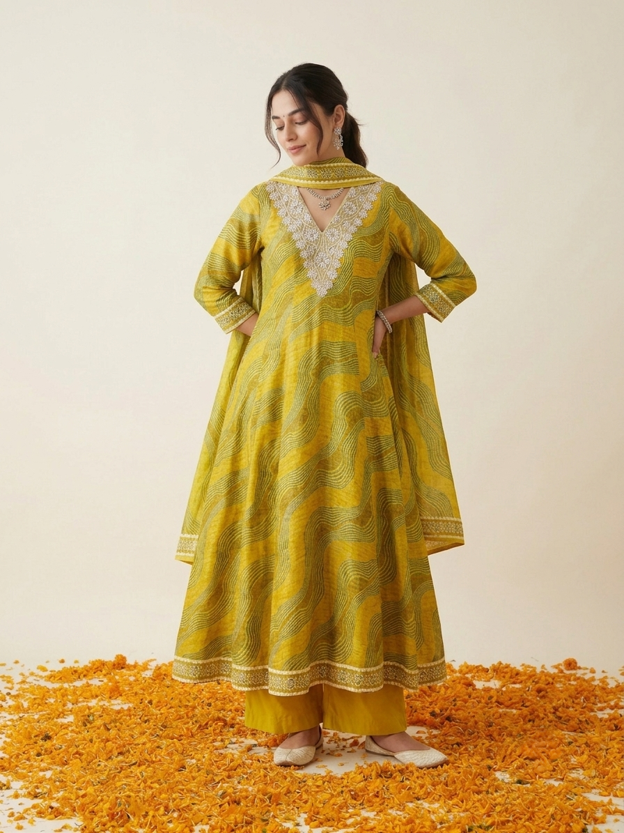 Pure Muslin Leheriya Anarkali Kurta Set - Yellow