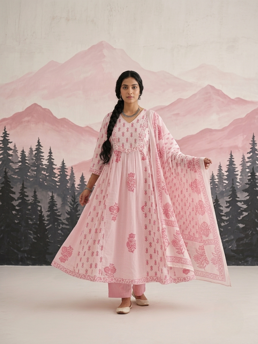 Pink cotton Aline suit set for everyday wear available in size M L XL 2XL 3XL 