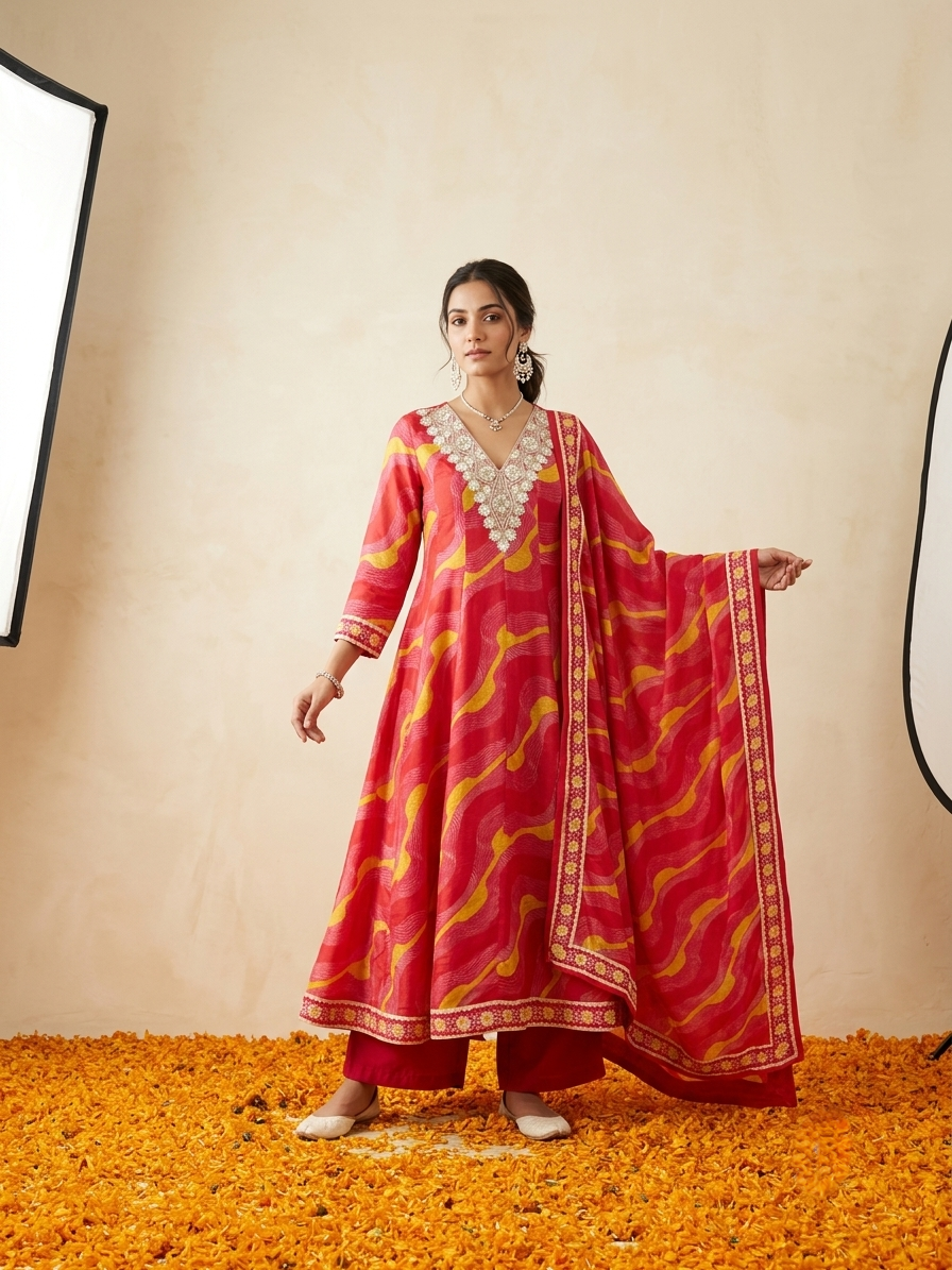 Pure Muslin Leheriya Anarkali Kurta Set - Pink