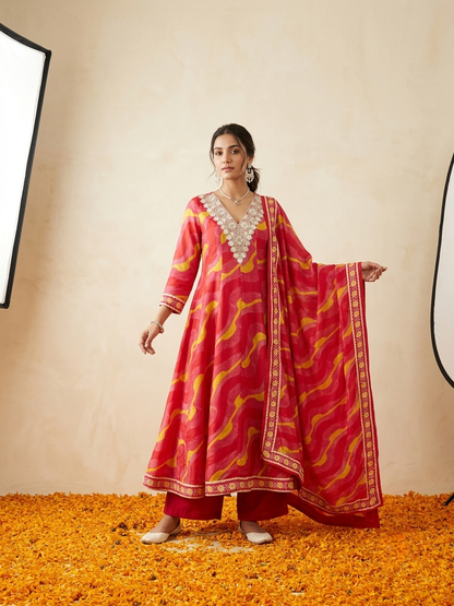 Pure Muslin Leheriya Anarkali Kurta Set - Pink