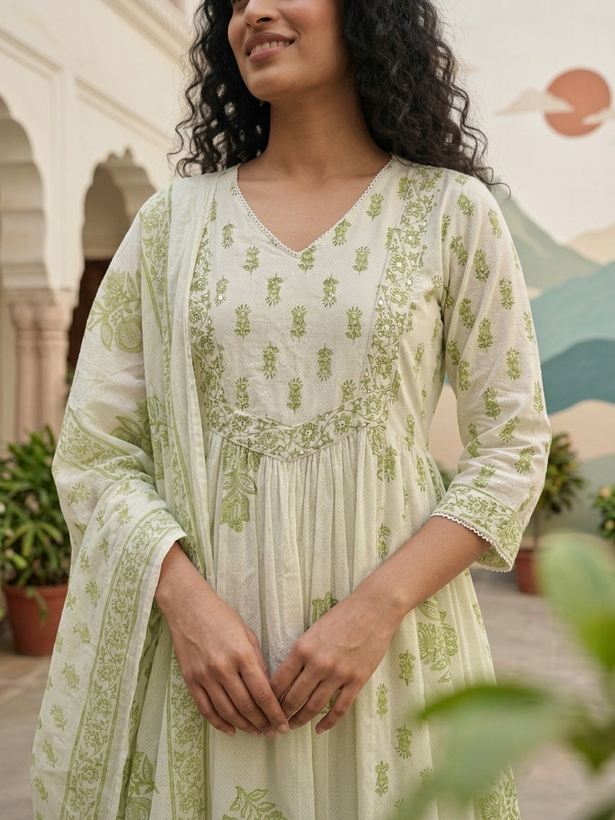 Green cotton Aline suit set for everyday wear available in size M L XL 2XL 3XL 