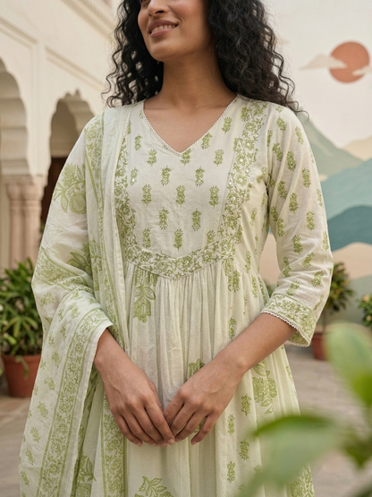 Green cotton Aline suit set for everyday wear available in size M L XL 2XL 3XL 