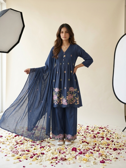 Floral embroidered kurta set with pants and dupatta in mustard, pink and navy blue