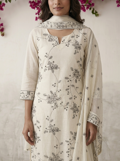 White cotton floral Petal printed kurta set which includes kurta, dupatta and pants 