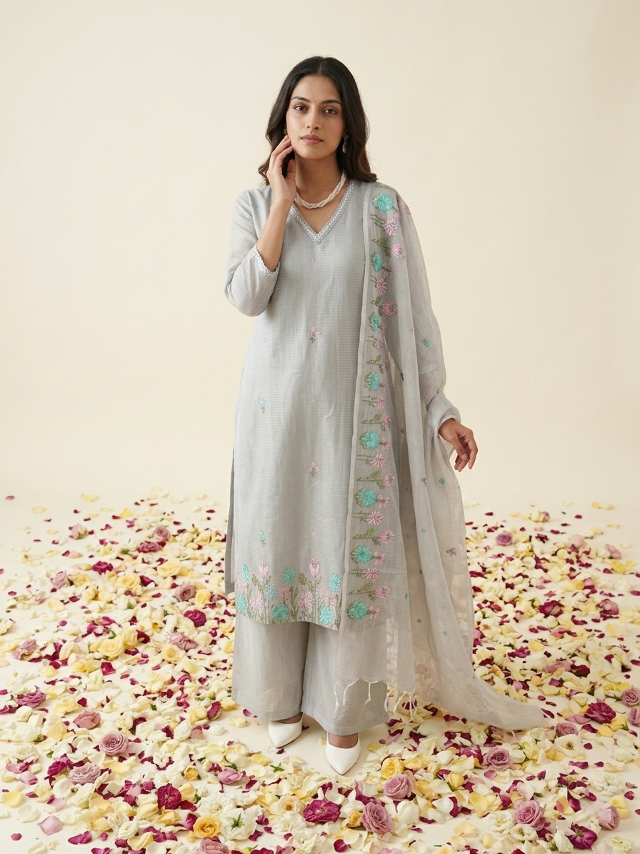 Blue Kota Doria kurta set with floral embroidery and matching dupatta