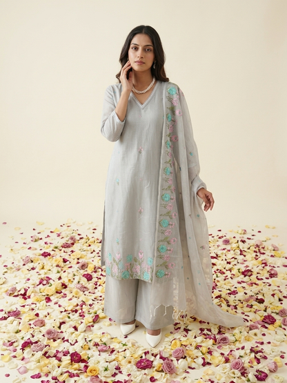 Blue Kota Doria kurta set with floral embroidery and matching dupatta