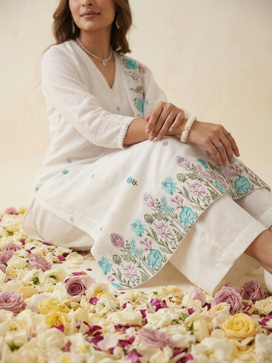 White Kota Doria kurta set with hand embroidery and sheer dupatta