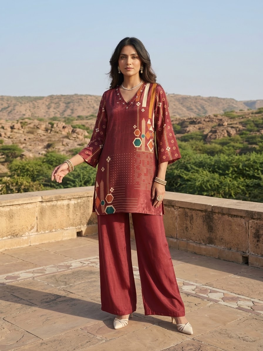 Maroon printed Muslin co-ord set with Pakistani-style flared sleeves and wide-leg pants