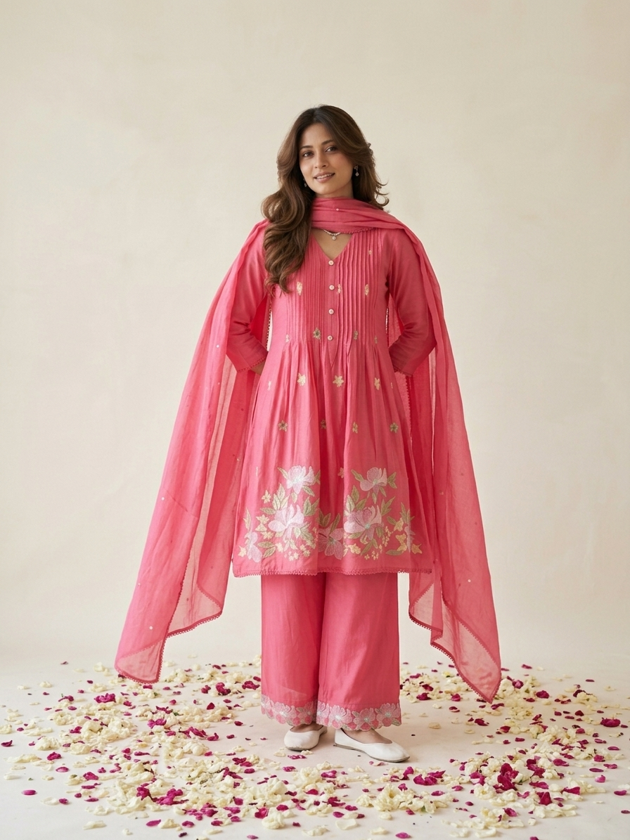 Floral embroidered kurta set with pants and dupatta in mustard, pink and navy blue