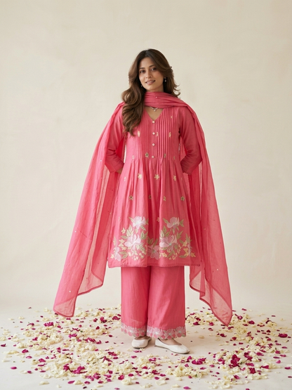 Floral embroidered kurta set with pants and dupatta in mustard, pink and navy blue