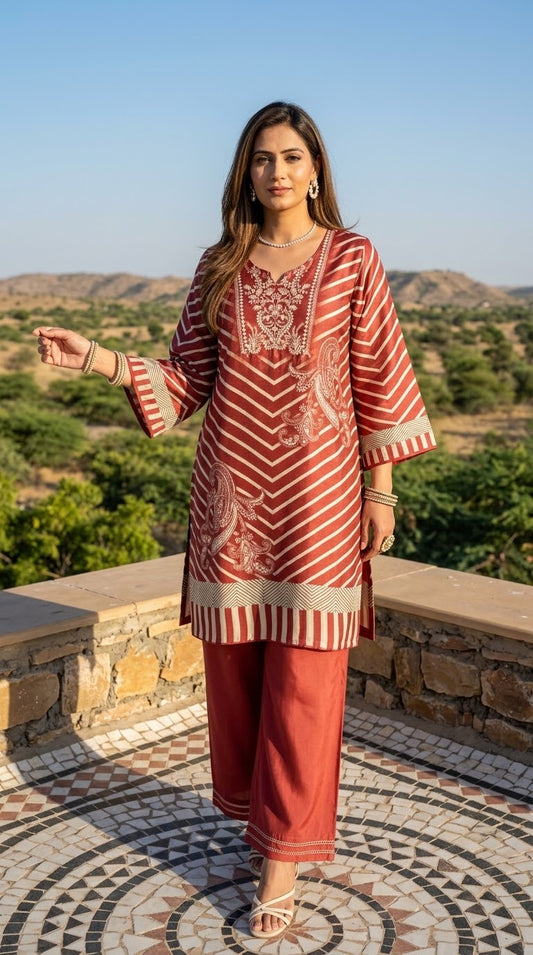 Muslin Striped Co-ord Set - Red
