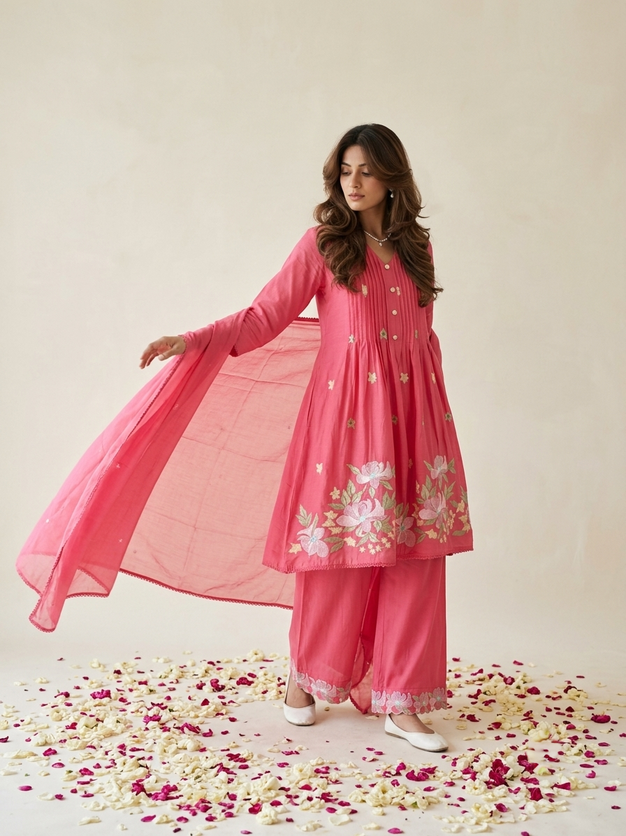 Floral embroidered kurta set with pants and dupatta in mustard, pink and navy blue