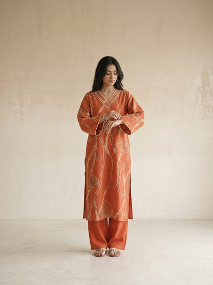 Rust  cotton kurta set with abstract print