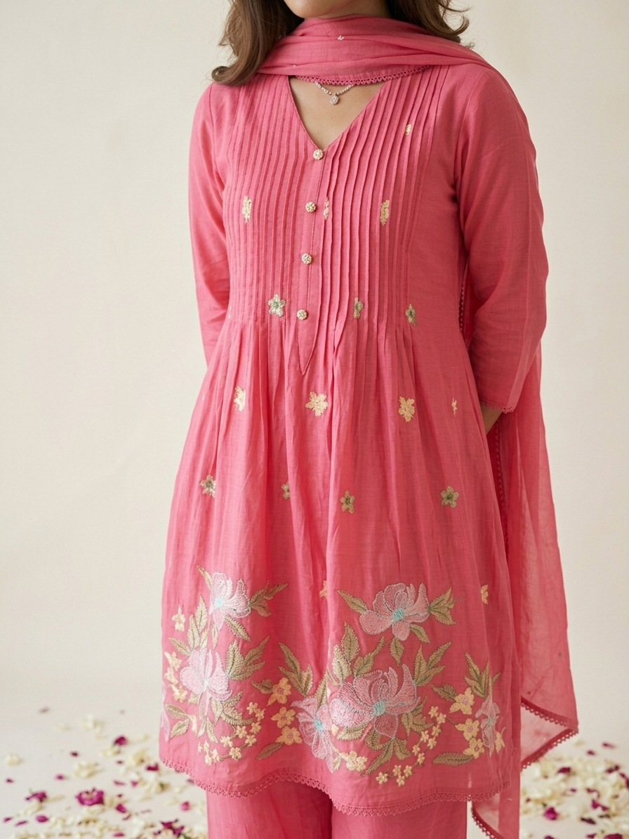Floral embroidered kurta set with pants and dupatta in mustard, pink and navy blue