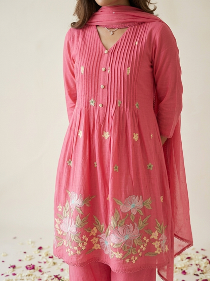 Floral embroidered kurta set with pants and dupatta in mustard, pink and navy blue
