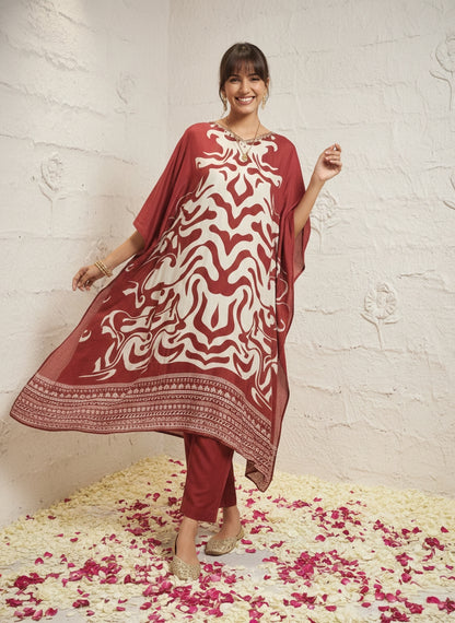Marbel Muslin Kaftan Set - maroon