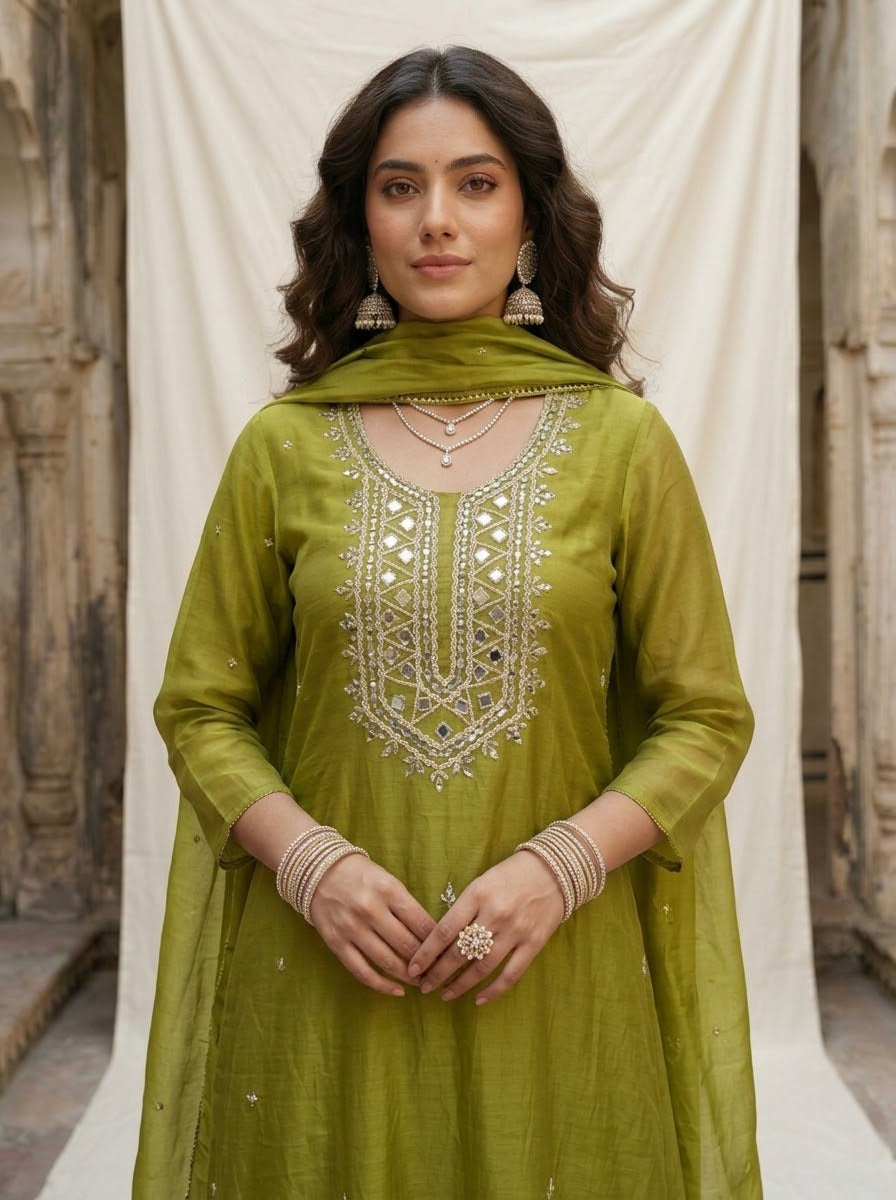 Banarasi Mul Chanderi 3-piece suit set with mirror work A-line kurta, pants and dupatta