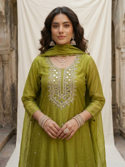 Banarasi Mul Chanderi 3-piece suit set with mirror work A-line kurta, pants and dupatta