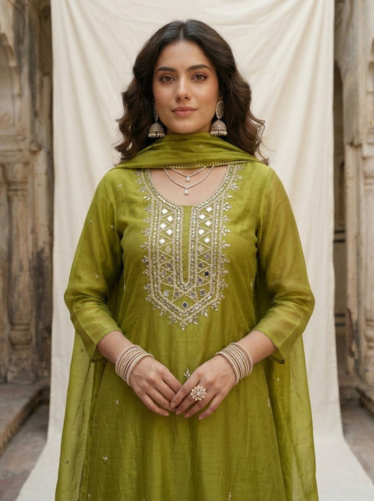 Banarasi Mul Chanderi 3-piece suit set with mirror work A-line kurta, pants and dupatta