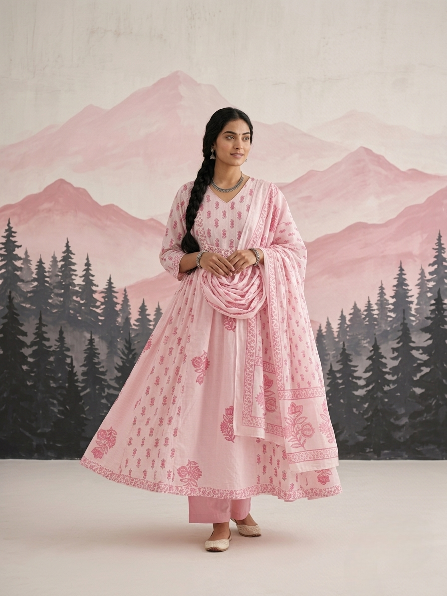 Pink cotton Aline suit set for everyday wear available in size M L XL 2XL 3XL 